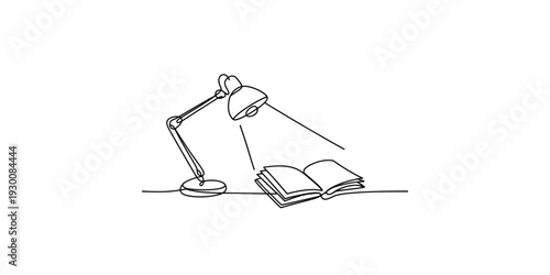 A minimalist black and white line drawing of a desk lamp shining light on an open book. Vector, illustration