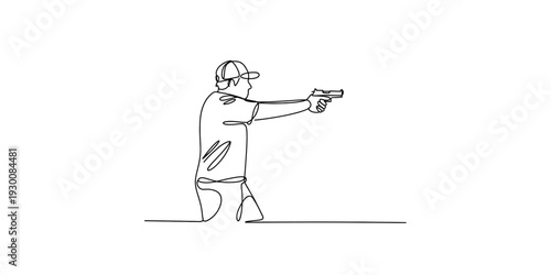 Simple line drawing of a person aiming a handgun while wearing a hat and casual clothing. Vector, illustration