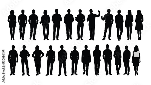 A group of people standing in two rows of silhouettes isolated on white background, Vector