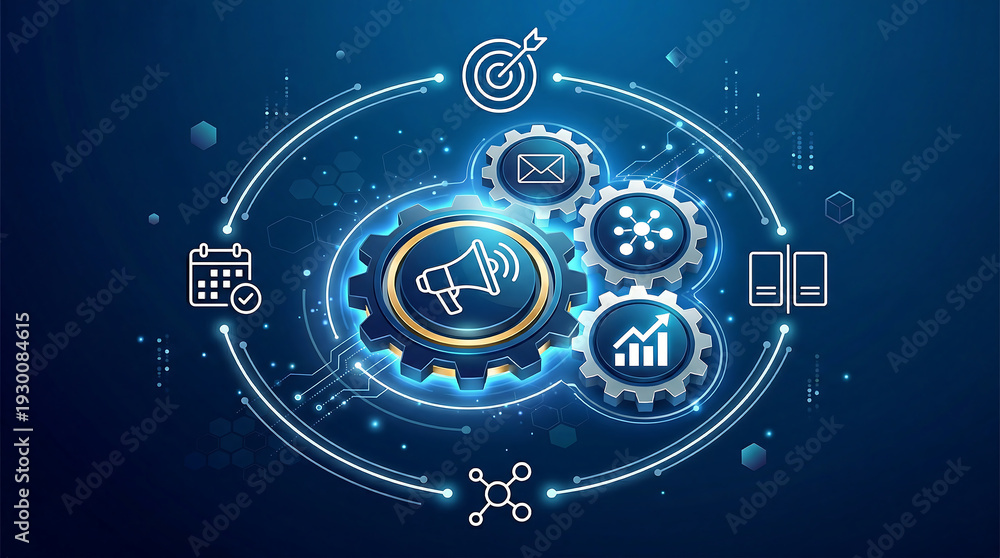 Fototapeta premium Automated campaign management concept with connected marketing gears email network chart and goal targeting icons representing multichannel promotion workflow in blue
