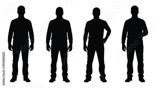 Four men standing in different poses in black silhouette isolated on white background, Vector