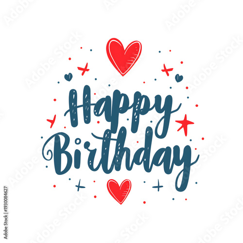 Happy Birthday Calligraphy Typography with Hearts PNG