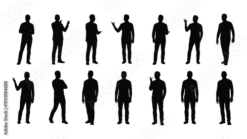 A group of men in various poses with their hands up isolated on white background, Vector