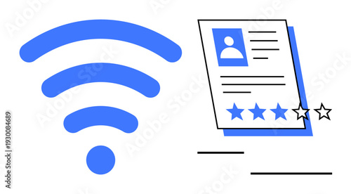 Blue wireless signal alongside a user profile card displaying text, photo, and star ratings. Ideal for digital networking, online reviews, connectivity, remote work, user feedback, internet access