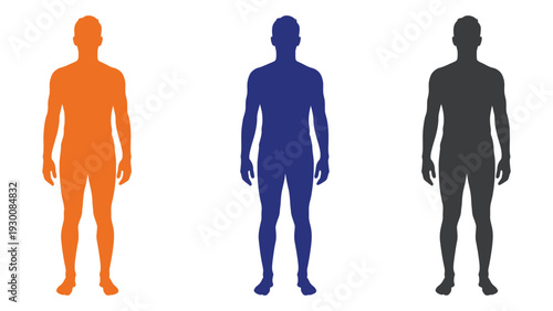 Three colored human silhouettes standing side by side isolated on white background, Vector