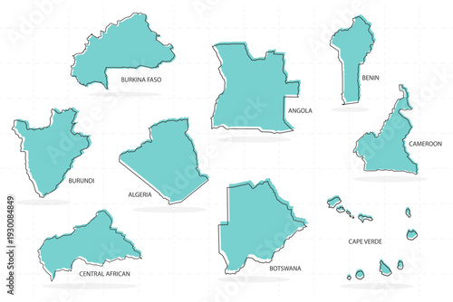 set of line country and shadow in Africa includes set of line country and shadow in Africa includes burkina faso, angola, benin, burundi, algeria, cameroon, central african, botswana and cape verde.