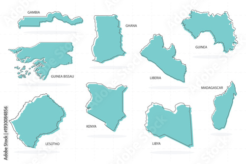 set of line country and shadow in Africa includes gambia, ghana, guinea, guinea bissau, liberia, lesotho, kenya, libya and madagascar