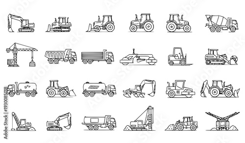 Heavy machinery and farm equipment editable stroke vector icon set