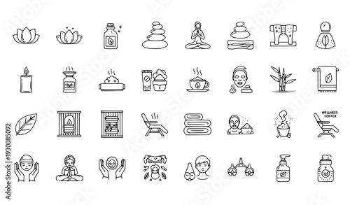 Wellness and spa thin line editable vector icon set