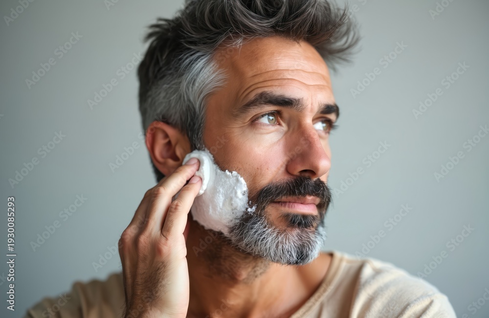 Fototapeta premium Mature man with grey beard applies shaving cream with cotton pad. He prepares for shave with careful expression. Male skincare routine in morning. Healthy facial grooming.