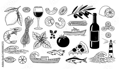 Italian summer Mediterranean food hand drawn travel emblem vector set