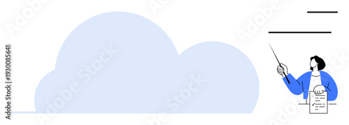 Professional explaining data with a report beside a large cloud shape. Ideal for technology, cloud storage, communication, data management, online security, education, digital transformation, simple