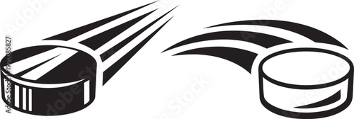 Dynamic Hockey Pucks in Motion: Capturing the essence of fast-paced action, two hockey pucks are depicted in full flight, streaks symbolizing their swift trajectory across the ice.