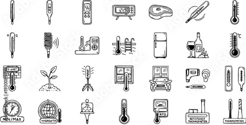 Hand-drawn Thermometer Icons Set - Doodle collection depicting temperature measurement devices for medical, home, weather, food, industrial, and outdoor applications.