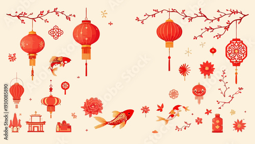 Chinese festival decoration set with red lanterns, koi fish, and hanging ornaments. Traditional asian festive elements in flat vector style isolated on beige background