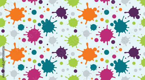 Colorful paint splatters and dots seamless pattern on light blue background