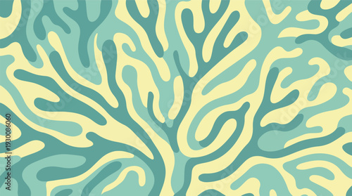 Abstract organic seamless pattern with flowing shapes in teal and yellow