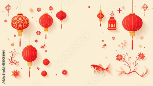 Chinese festival decoration set with red lanterns, koi fish, and hanging ornaments. Traditional asian festive elements in flat vector style isolated on beige background
