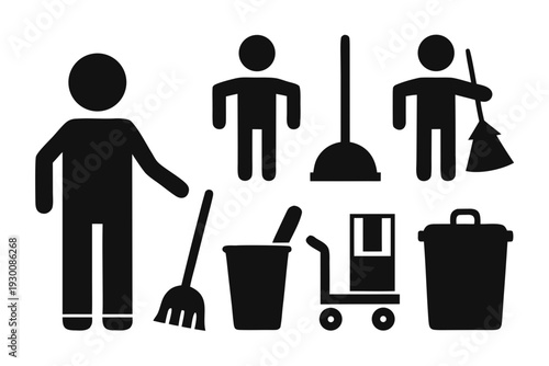 silhouette vector of cleaning pictograms depicting sweeping, mopping, vacuuming, window washing, and trash disposal, flat icons for housekeeping