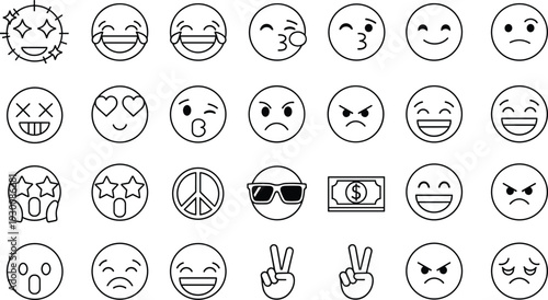 Minimalist Black and White Linear Emoji Set Featuring Facial Expressions Peace Signs and Currency Symbols for Modern UI Design