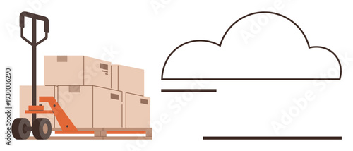 Logistics, supply chain, data storage, transportation, cloud technology, inventory management. A hand pallet truck loaded with boxes beside a cloud outline. Logistics and data storage concept