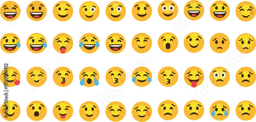 Comprehensive Flat Style Emoji Set Featuring Diverse Yellow Face Expressions for Social Media Reactions and Mobile UI Design