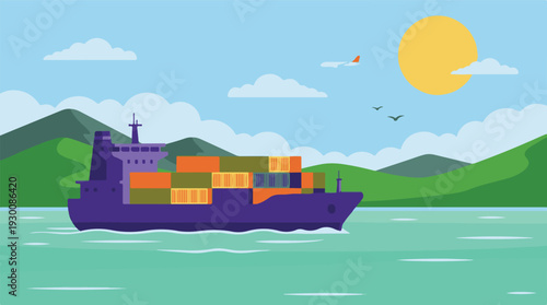 Cargo Ship with Containers, Airplane, and Mountains - Global Logistics