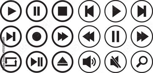 Multimedia Controls: An array of media control icons are presented in clean, modern circles, offering essential audio and video functions.