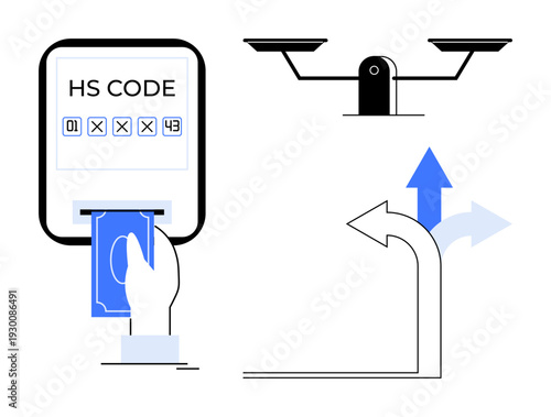 Global trade, customs procedures, decision-making, compliance, regulations, industry standards. HS code entry, scales and directional arrows. Global trade and customs procedures concept