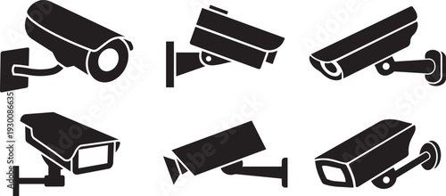 Security Camera Set: A selection of surveillance cameras, designed for security purposes, are depicted with precision and a modern, minimalist style, emphasizing the concept of vigilance and safety.