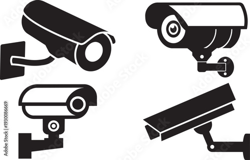 Surveillance Camera Icons: A collection of sleek, stylized surveillance camera icons, representing security, monitoring, and observation.