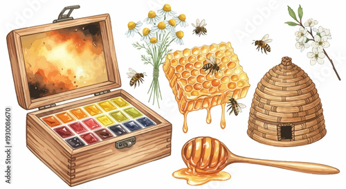 Watercolor art set with bees honeycomb flowers and beehive illustration
