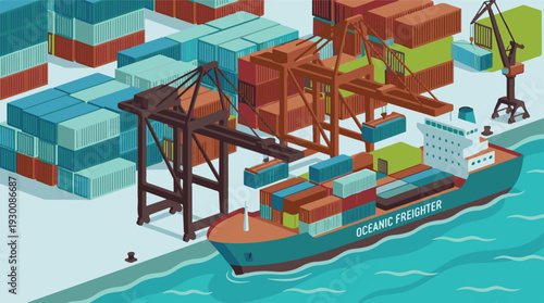Isometric illustration of a busy cargo port with container ship and cranes