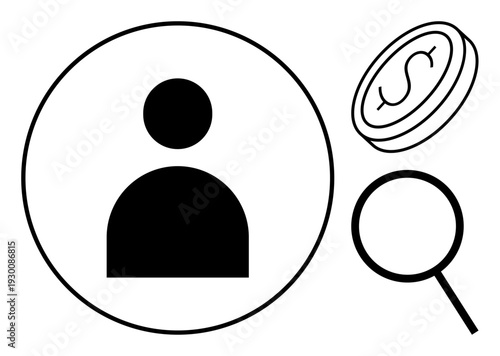 Person icon within a circle next to a magnifying glass and a dollar coin. Ideal for finance, identity, search, recruitment, job analysis, audits, user tools. Simple flat metaphor