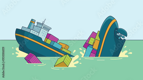 Cargo ship breaking and sinking, losing containers in a shipping accident