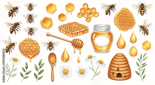Watercolor bee and honey elements set for design projects and illustrations