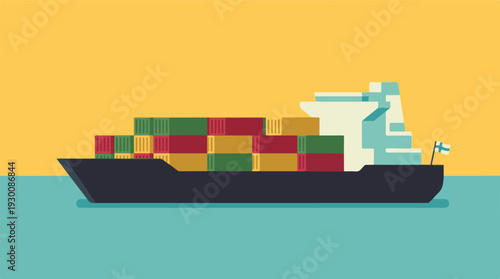Minimalist illustration of a cargo ship with containers and Finnish flag