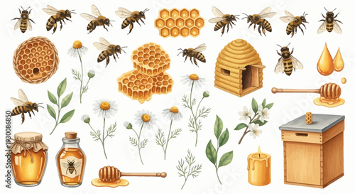 Watercolor bee and honey elements set for design projects
