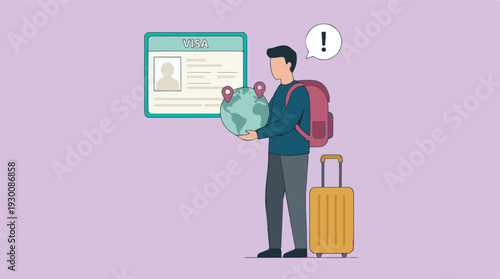 Traveler with visa, globe, backpack, and suitcase for global journey
