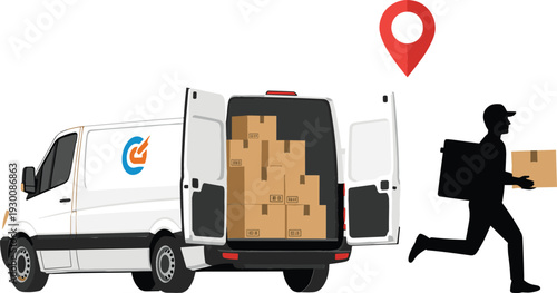 Last-Mile Delivery Service Vector Illustration Showing Courier Running with Package Near an Open Van with Boxes and GPS Location Pin