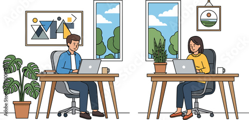 Minimalist Illustration of Two People Working Together on Laptops in a Bright, Modern Home Office or Co-working Space Vector Concept.