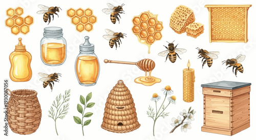 Watercolor bee hive and honeycombs with bees and honey jar illustration