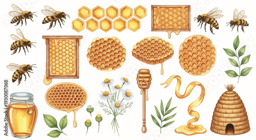 Watercolor bee and honeycombs elements isolated on white background
