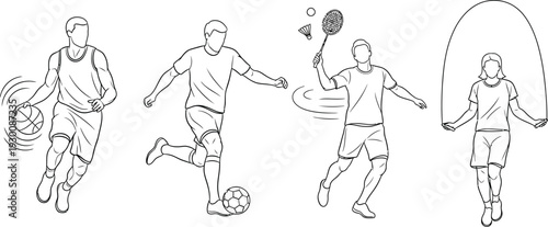 People engaging in various sports activities like basketball, soccer, badminton, and skipping rope exercise together