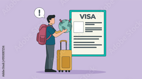 Illustration of traveler with backpack, luggage, globe, and visa document