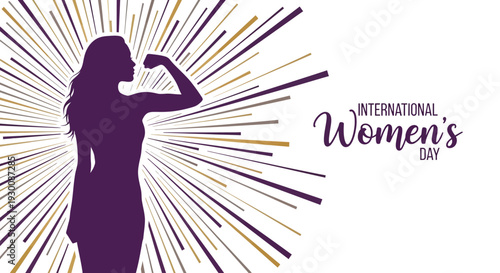 A purple silhouette of a strong woman flexing her arm in front of a vibrant, purple and yellow sunburst on International Women's Day, promoting Gender Equality and Women Empowerment.