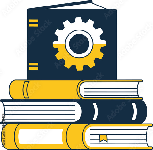 Stack of books with gear and lines illustration