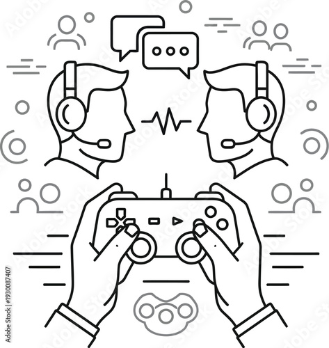 Two gamers wearing headsets and playing video games together online with a game controller in their hands