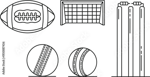 various sports equipment including cricket balls, rugby balls, goalposts and cricket wickets on white background