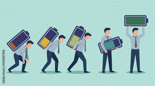 Businessman's journey from low energy to full vitality, showing battery charge